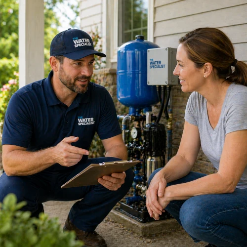 Technician explaining well pump service and cost to homeowner in Hillsborough NC