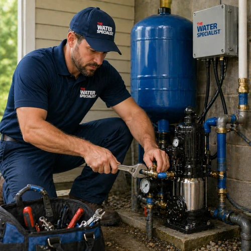 Technician performing well pump repair and pressure tank service in Hillsborough NC