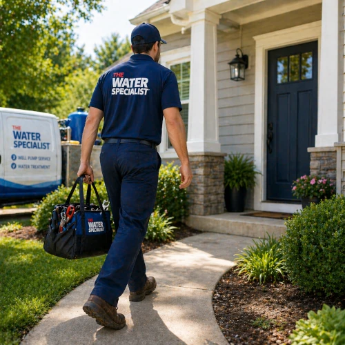 Well pump service technician arriving at home to repair system in Hillsborough NC