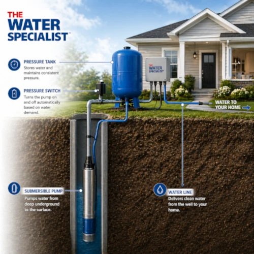 Diagram of residential well pump system with pressure tank and submersible pump in Hillsborough NC